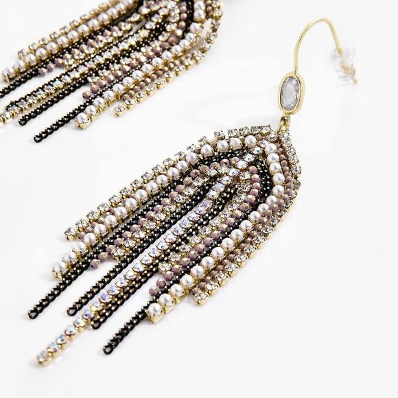 Boho Fringe Tassel Earrings for Women, Beaded CZ Pearl Dangle Wedding Jewelry - Picture 5 of 6